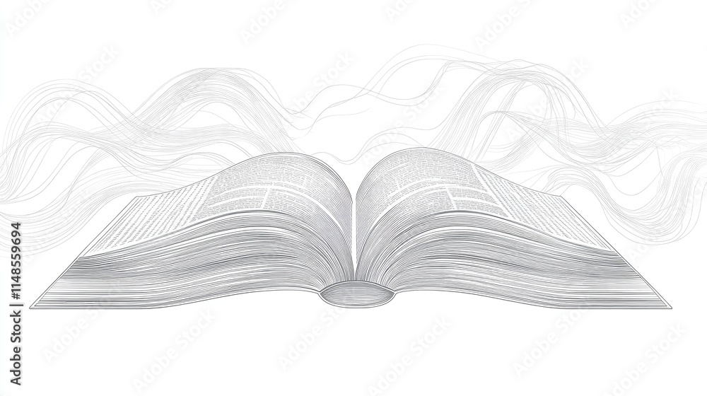 Aufkleber clean line art of an open book with flowing lines representing knowledge and learning.
