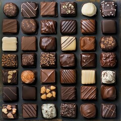 Surtido gourmet de bombones artesanales con diseños y sabores únicos, incluyendo chocolates oscuros, de leche y blancos, dispuestos en una elegante presentación
