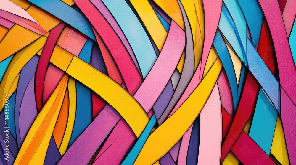 Poster dynamic background of intersecting colorful lines forming a layered, abstract design.