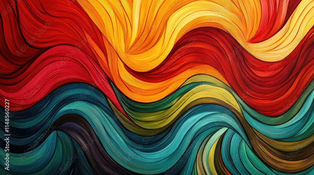 Poster dynamic background of overlapping wavy lines in bold colors, creating a vibrant and energetic compos