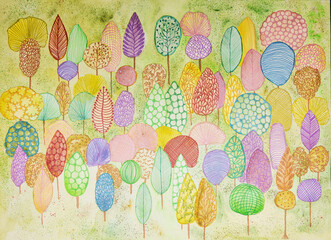 Whimsical and decorative doodle of colorful trees. The dabbing technique near the edges gives a soft focus effect due to the altered surface roughness of the paper.