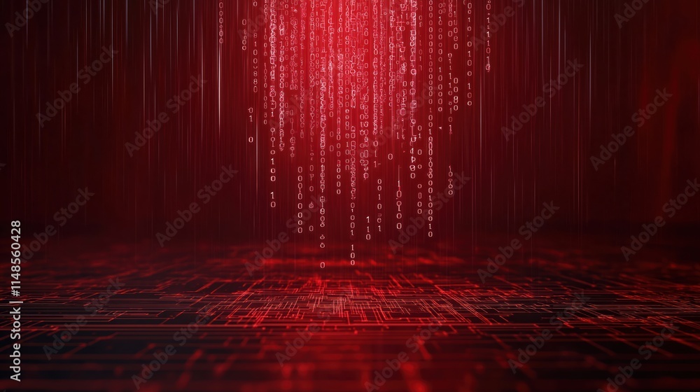 Poster Red glowing binary code streams down against dark red tech background. Abstract digital rain of ones, zeros. Futuristic tech pattern. Matrix style. Dynamic glowing. Intense red illumination. Computer