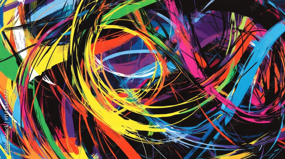 Poster dynamic line background with chaotic overlapping scribbles in vibrant colors, symbolizing creativity