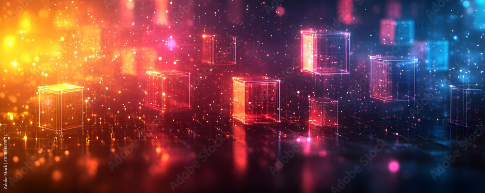 Poster abstract digital scene with glowing cubes and colorful particles.