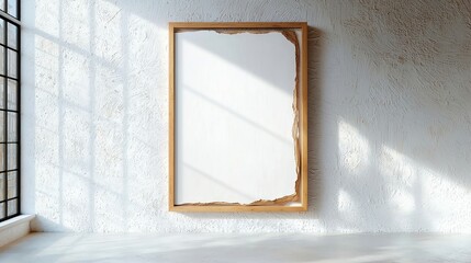 Elegant light wood frame, slender rectangular shape, suspended against a textured white wall, stylish mockup showcasing modern design aesthetics, 3D illustration perspective.