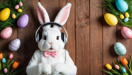 Easter bunny listening to music with headphones