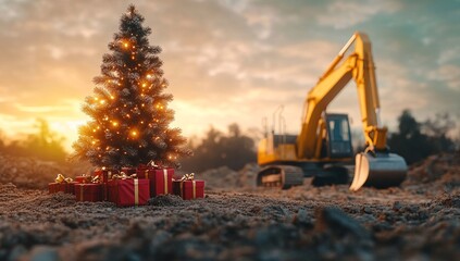 A Christmas tree adorned with warm lights sits amidst gifts in a construction site at sunset. An excavator is visible in the background. Unexpected holiday scene.