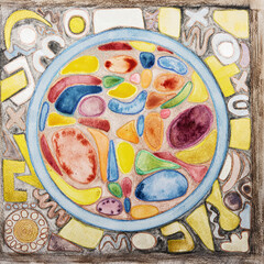 Mandala, abstract geometric art with colorful circle. The dabbing technique near the edges gives a soft focus effect due to the altered surface roughness of the paper.