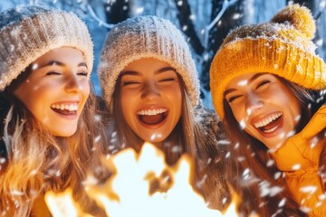 Fototapeta premium Three young caucasian female friends laughing around a winter campfire with snowflakes
