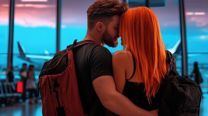 Young caucasian couple embracing at airport during sunset departure