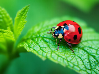 Fototapeta premium Ladybug on green leaves photography ai generated