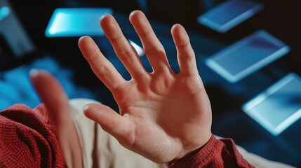 Close-up of male hand gesturing stop against digital screen background