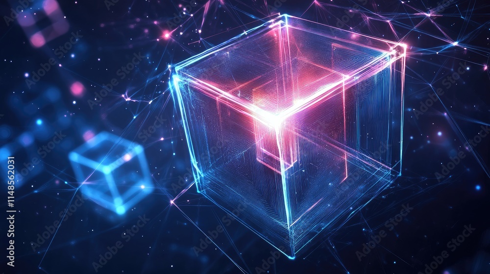 Poster futuristic line background with glowing lines forming 3d cube patterns in space.