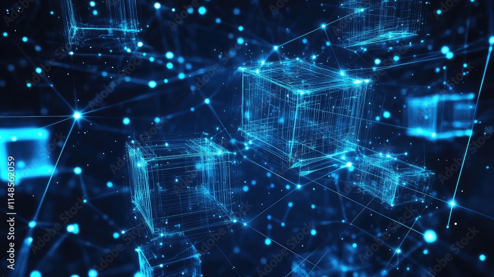 Poster futuristic line background with glowing lines forming 3d cube patterns in space.