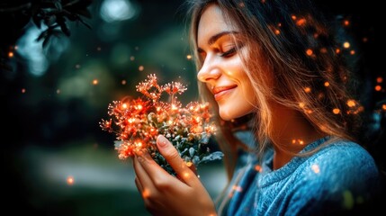 Naklejka premium Young caucasian female enjoying glowing flowers in a magical twilight garden scene