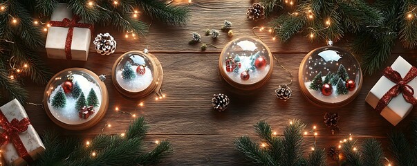 Christmas ornament display featuring intricately detailed snow globes and miniature presents on a rustic wooden table surrounded by pine branches and fairy lights