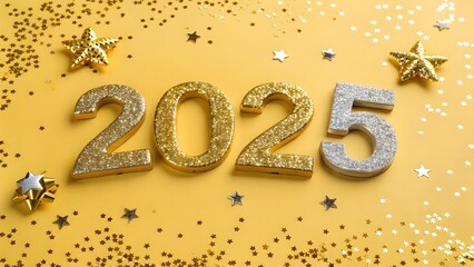 Gold Numbers 2025 With Sequins And Glitter On A gold snowy background Christmas New Year Greeting Card