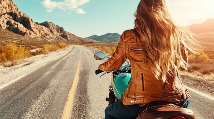 Young caucasian female riding motorcycle on scenic desert road at sunset