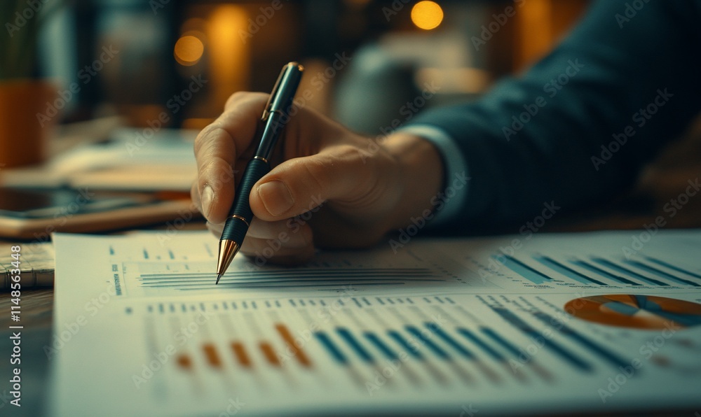Poster a person analyzing financial data on a report with charts and graphs.
