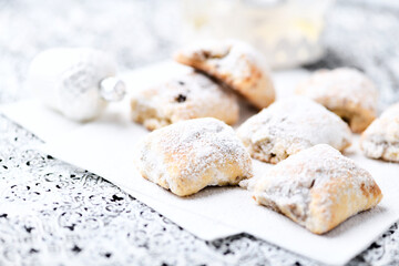 Stollen Bites on bright background. Soft focus. Close up.