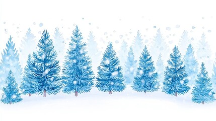 Fototapeta premium Winter Pine Forest Illustration, hand-painted conifer trees adorned with delicate snowflakes, isolated on a white backdrop, perfect for Christmas-themed designs and seasonal decor.