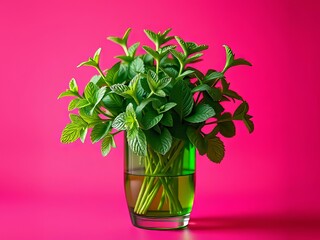 Obraz premium Fresh Peppermint Sprigs in Green Vase - Vibrant Pink Background