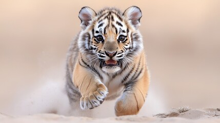 Obraz premium A playful tiger cub runs dynamically toward the camera, kicking up sand in a warm, blurred desert environment.
