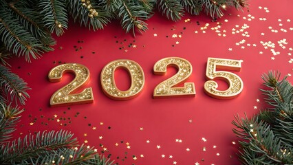 Gold Numbers 2025 With Sequins And Glitter On A gold snowy background Christmas New Year Greeting Card