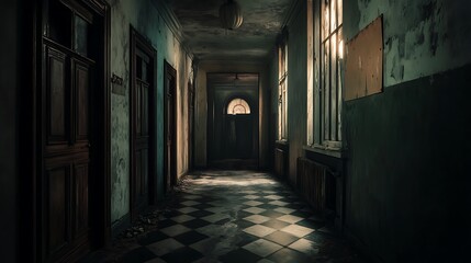 Interior of a hospital corridor with black doors
