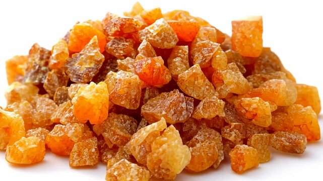 Crystallized amber sugar pieces arranged in a natural pile with an orange hue seen under bright lighting