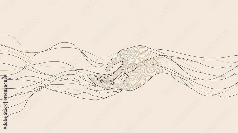 Poster line art of intertwined hands symbolizing connection and unity, drawn in a minimalistic style.