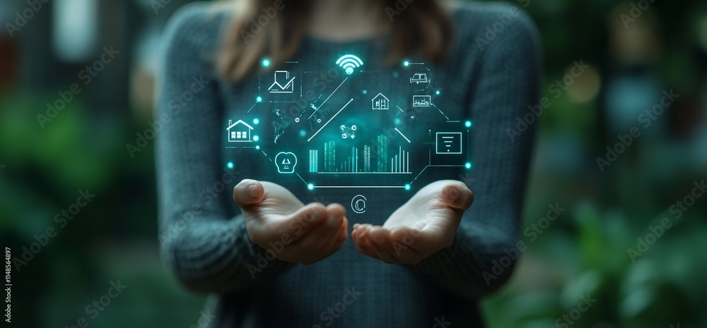 Poster a person holds a digital interface showcasing smart technology and data.