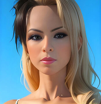 Portrait of a face woman in a swimsuit walking on the beach. AI-Generated