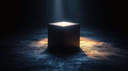 Dark room features sleek black cube object. Dramatic lighting highlights edges of cube. Visual impact created by contrast between dark room, light on object. Modern design aesthetic evident. Studio