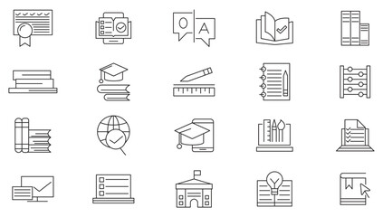 Education line icon set. Alphabet, Position, Clock, Geography, Notes, Highlighter, Reading, Badge, Writing Tool, Audiobook, meeting, conference, teamwork line icon set. UI thin line icon pack.