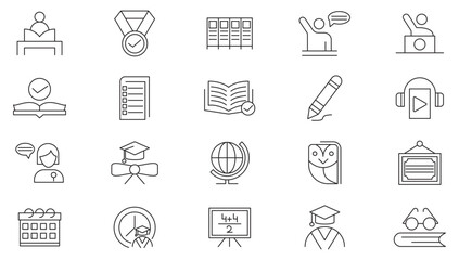 Education line icon set. Alphabet, Position, Clock, Geography, Notes, Highlighter, Reading, Badge, Writing Tool, Audiobook, meeting, conference, teamwork line icon set. UI thin line icon pack.