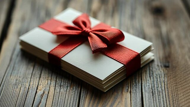 A white gift box tied with a red ribbon on a wooden table.