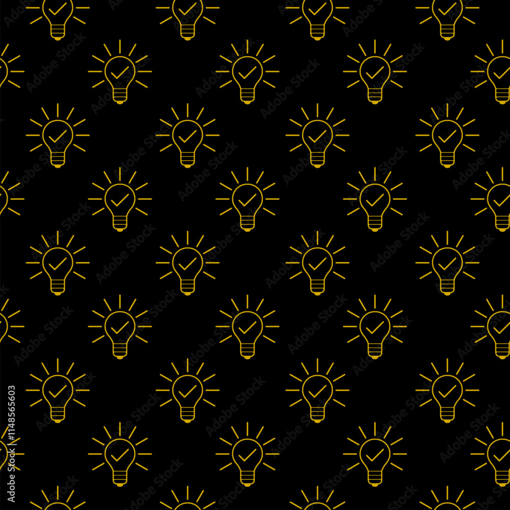 Aufkleber light bulb and check mark icon isolated seamless pattern on black background