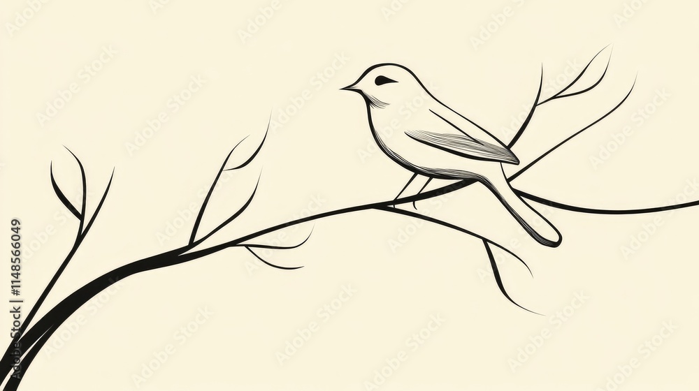 Poster minimalist line art of a bird perched on a branch, with simple and smooth lines.