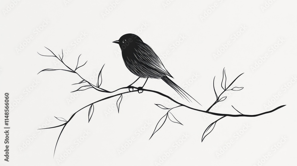 Poster minimalist line art of a bird perched on a branch, with simple and smooth lines.