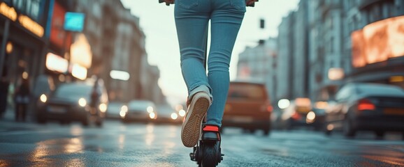 Fototapeta premium A person riding an electric scooter through a busy urban street.