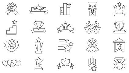 Awards line icon set. containing badge, trophy, certificate, medal, winner, gift, achievement, star, best, reward, champion, celebration, prize, rank, cup line icon set. UI thin line icon pack.