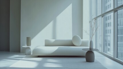 Fototapeta premium Minimalist room with modern, sparse furniture. Featuring soft tones and simple layout
