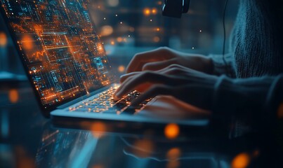 A person typing on a laptop with digital effects representing data processing.