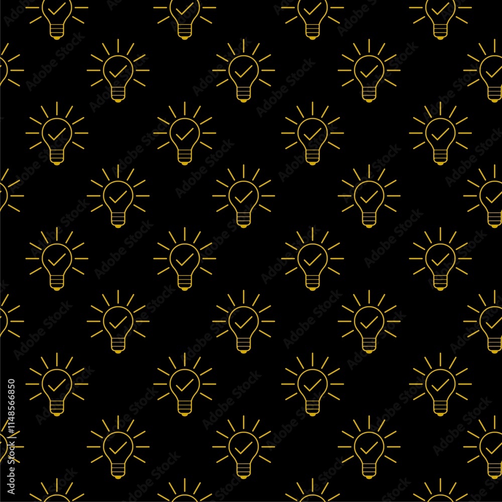 Poster light bulb and check mark icon isolated seamless pattern on black background