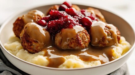 Swedish meatballs served with creamy mashed potatoes, gravy. Cranberry sauce adds touch of sweetness. Delicious, comforting home-style meal. Ideal for dinner. Appetizing dish. Classic comfort food.