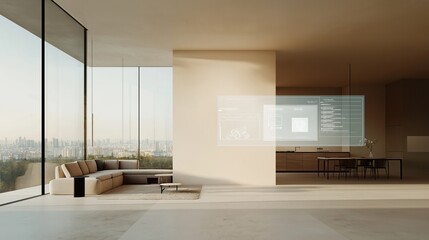 Modern smart home interior futuristic tech interface. Living area with sofa, coffee tables connected to kitchen with dining area. Large windows offer city views. Interactive displays integrate with