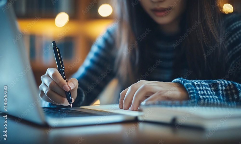 Poster a person writing in a notebook while using a laptop in a cozy setting.