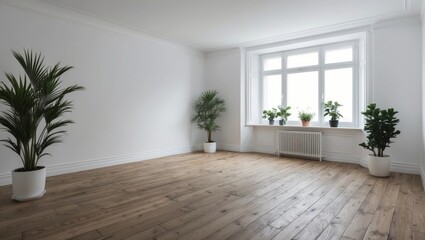 Empty white room with wooden floor and plants