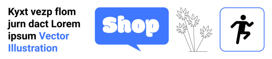 Shopping sign in blue bubble, text block with placeholder, plants, and running figure all in minimalist style. Ideal for online stores, e-commerce, outdoor activities, sports gear shops, and fitness